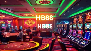 HB88 casino scene with vibrant card games, roulette, and slot machines inviting players to win big.