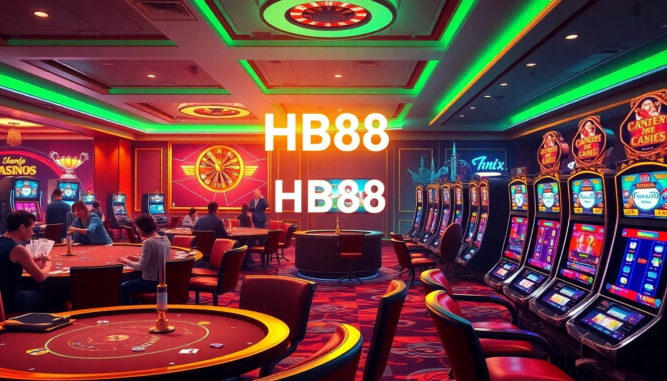 HB88 casino scene with vibrant card games, roulette, and slot machines inviting players to win big.