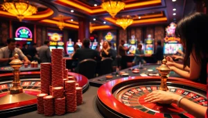In a bustling casino, players fiercely engage with kèo nhà cái bets, placing poker chips on vibrant tables amidst the excitement.