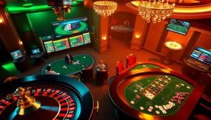 A dynamic casino scene showcasing players enjoying poker and roulette while experiencing the thrill of online gaming at https://68gamebai.download/.