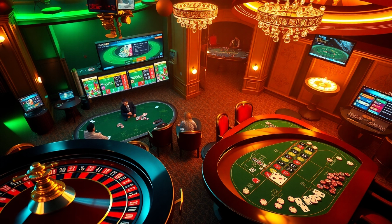 A dynamic casino scene showcasing players enjoying poker and roulette while experiencing the thrill of online gaming at https://68gamebai.download/.