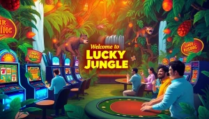 Players celebrating wins in the Lucky Jungle casino surrounded by exotic plants and machines.