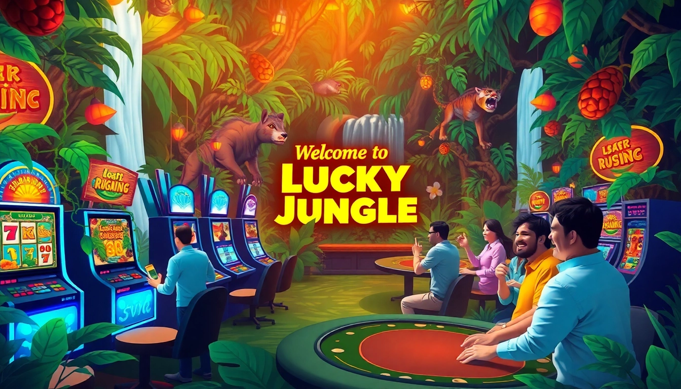 Players celebrating wins in the Lucky Jungle casino surrounded by exotic plants and machines.