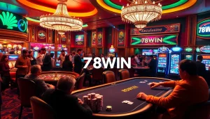 Players experience the excitement of winning at the 78WIN poker table in a vibrant casino atmosphere.