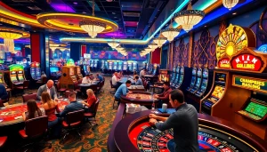 Game enthusiasts reveling in a casino filled with action at https://bongdalufuni.com/ showcasing poker, slots, and bets.