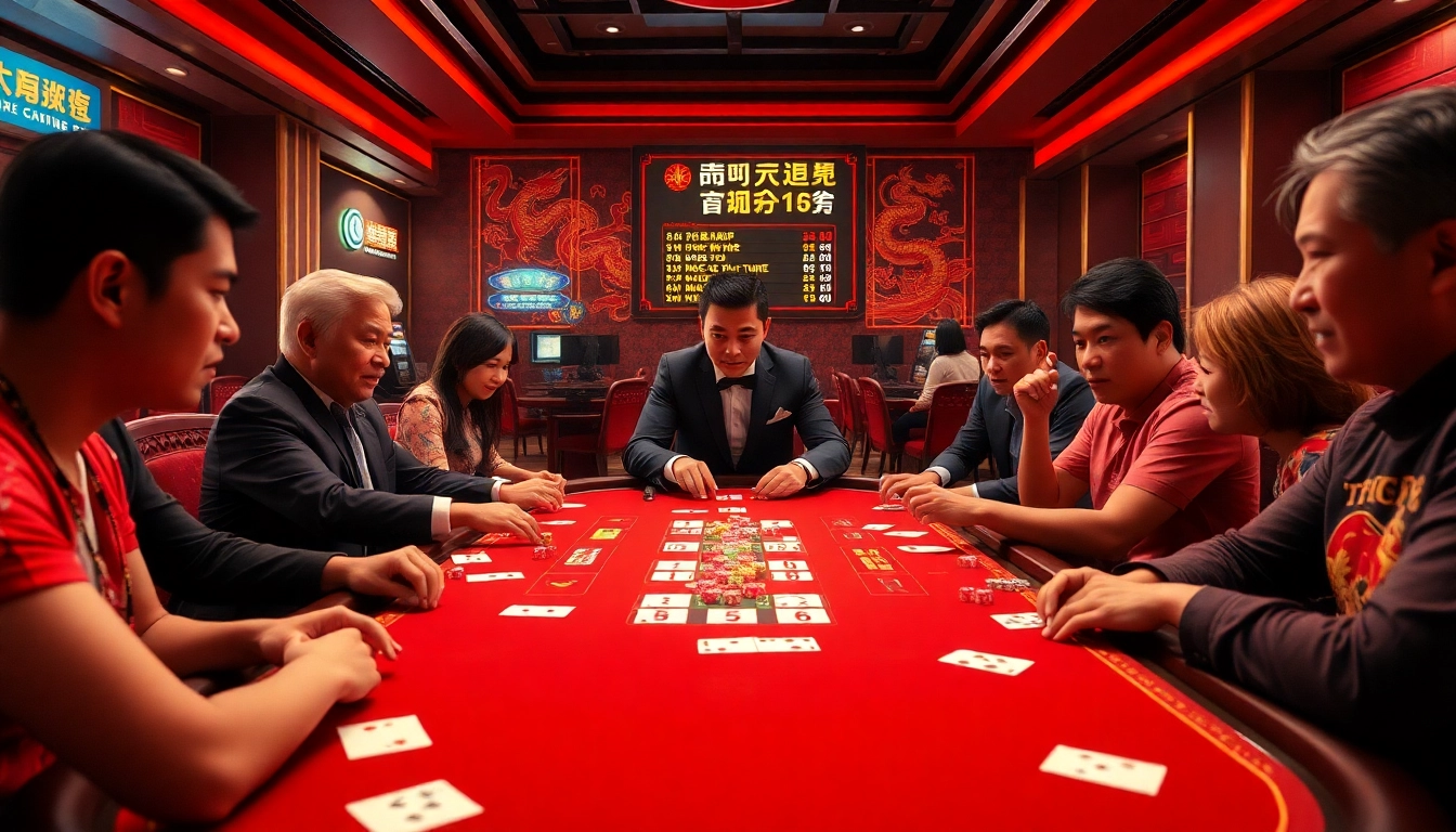 Players engage in the thrilling game of เสือมังกร at a vibrant casino table surrounded by chips and cards.