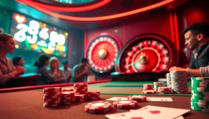 68 game bài players enjoying the excitement at a casino table with cards and chips.