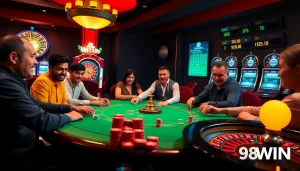 98WIN captures the thrill of online gambling with an engaging poker scene featuring diverse players and vibrant casino elements.