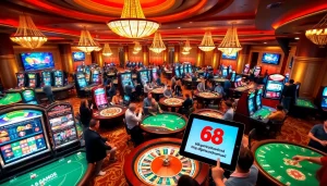 Players enjoying an exciting game at a casino, featuring the online gaming platform https://68gamebai.download/ on digital tablets.