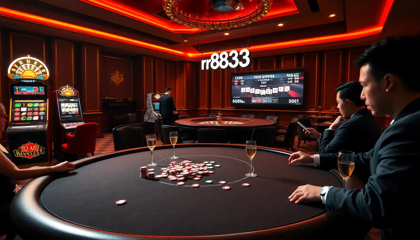 Engage with the thrilling atmosphere of rr88333 at a lavish poker table, complete with colorful chips and intense players.
