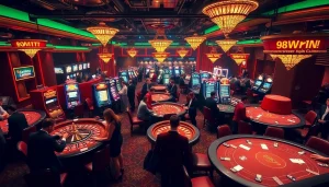 Experience the thrill of 98WIN at a bustling casino, with exciting games, vibrant lights, and engaged players.