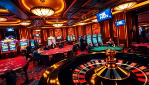 Experience the thrill of the 78WIN casino with players at poker tables and spinning roulette wheels.