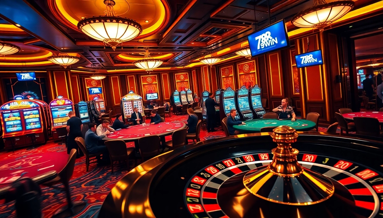 Experience the thrill of the 78WIN casino with players at poker tables and spinning roulette wheels.