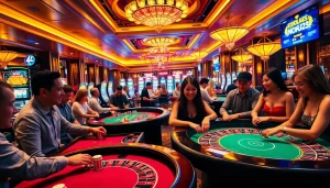 Nohu28 presents an exciting casino setting with players eagerly engaging at game tables and slot machines.