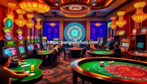 Exciting casino scene featuring dynamic betting action and https://bongdalufuni.com/ branding amidst vibrant slot machines and tables.