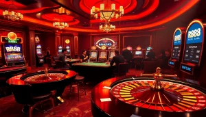 Experience the thrill of gambling with RR88 SARL, featuring players at roulette and slot machines in an elegant casino setting.