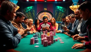 Experience the excitement of 78WIN at a high-stakes poker table with vibrant chips and intense gameplay.