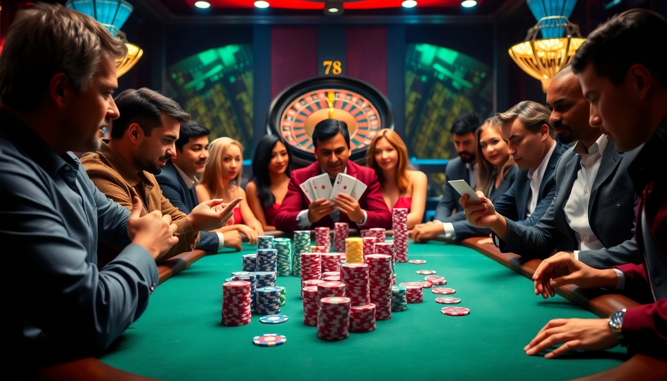 Experience the excitement of 78WIN at a high-stakes poker table with vibrant chips and intense gameplay.