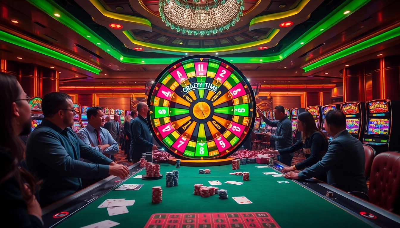Discover exhilarating crazy time live stats showcased on a bustling casino floor with players celebrating wins.