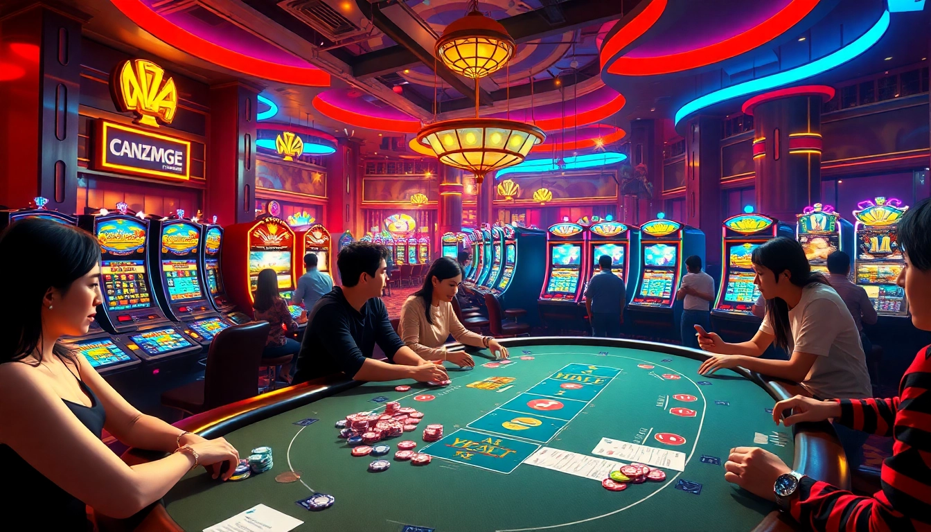 Experience the thrill of 'maza win game download' as players engage at a lively casino blackjack table, surrounded by vibrant slot machines.