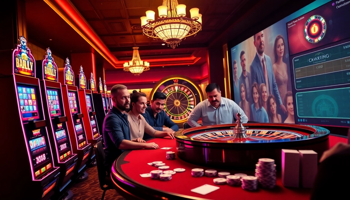 Experience the excitement at Supertkb88's casino with players at poker and dazzling slot machines.