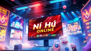 Engage in NỔ HŨ ONLINE with a lively digital gaming scene showcasing vibrant colors and dynamic gameplay.