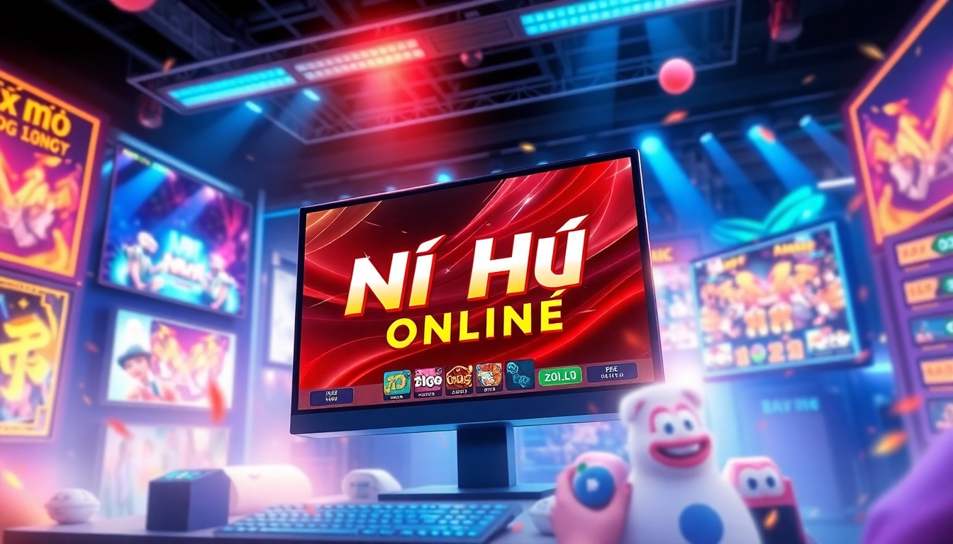 Engage in NỔ HŨ ONLINE with a lively digital gaming scene showcasing vibrant colors and dynamic gameplay.